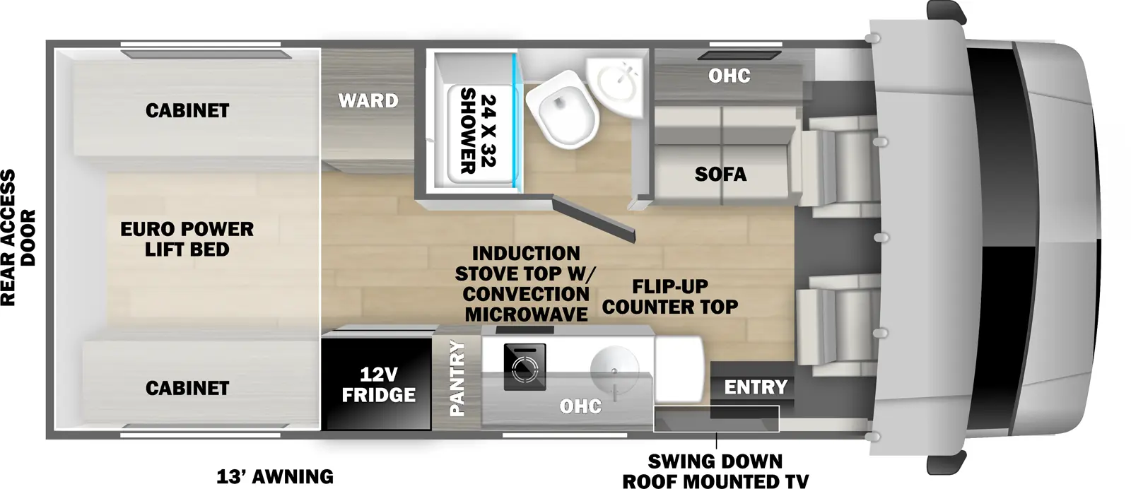 The Sunseeker Classic 2030RP has one entry and zero slide outs. Exterior features include: 13' awning. Interiors features include: rear bedroom.